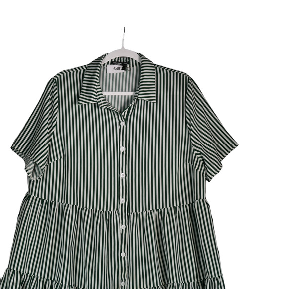 Shein Curve Shirt Dress Womens Size 1X Green Stripe Tiered Boho Peasant - Picture 2 of 9